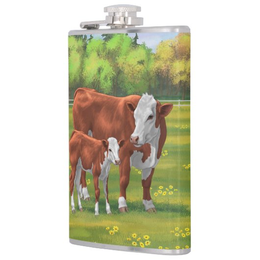 夏の牧草地でヘレフォードカウカフカートカーフ フラスク (左)
