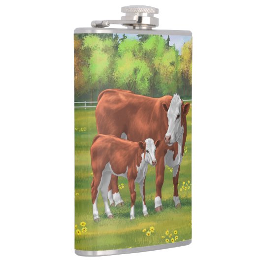夏の牧草地でヘレフォードカウカフカートカーフ フラスク (右)