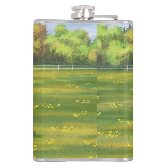 夏の牧草地でヘレフォードカウカフカートカーフ フラスク (裏面)