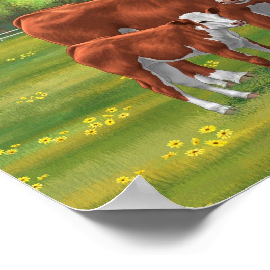 夏の牧草地でヘレフォードカウカフカートカーフ ポスター (角)