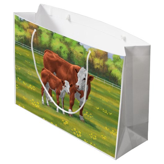 夏の牧草地でヘレフォードカウカフカートカーフ ラージペーパーバッグ (裏面アングル)