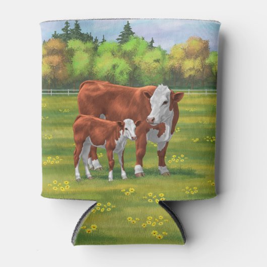 夏の牧草地でヘレフォードカウカフカートカーフ 缶クーラー (正面)