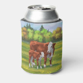 夏の牧草地でヘレフォードカウカフカートカーフ 缶クーラー (缶裏面)