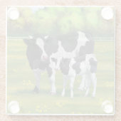 夏の牧草地でホルスタイン牛&かわいい子牛 ガラスコースター (裏面)