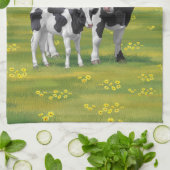 夏の牧草地でホルスタイン牛&かわいい子牛 キッチンタオル (折り畳み)