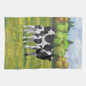 夏の牧草地でホルスタイン牛&かわいい子牛 キッチンタオル (横)