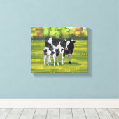 夏の牧草地でホルスタイン牛&かわいい子牛 キャンバスプリント (インサイチュ (ウッドフロア))