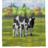 夏の牧草地でホルスタイン牛&かわいい子牛 シャワーカーテン (正面)