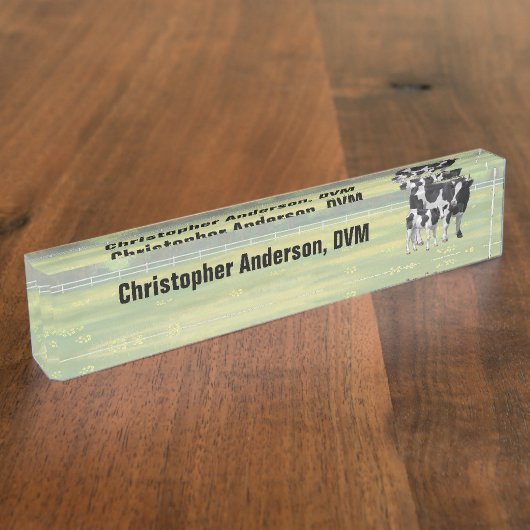 夏の牧草地でホルスタイン牛&かわいい子牛 デスクネームプレート (側面)