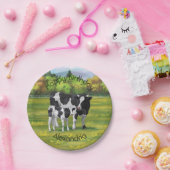 夏の牧草地でホルスタイン牛&かわいい子牛 ペーパープレート (パーティー)