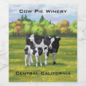 夏の牧草地でホルスタイン牛&かわいい子牛 ワインラベル (シングルラベル)