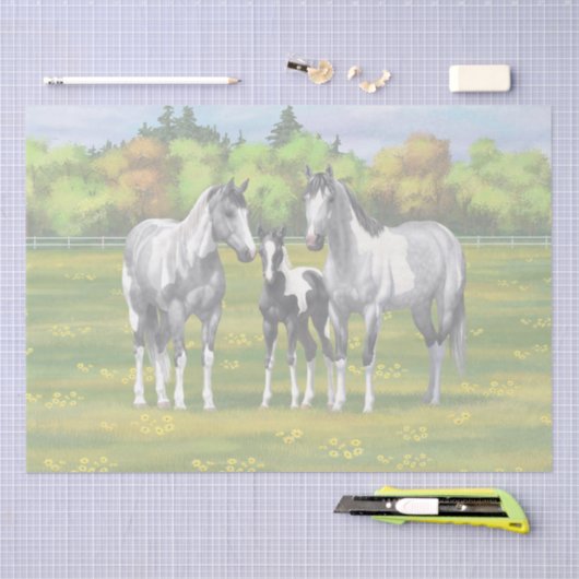 夏の牧草地で絵を描のリンゴ灰色の馬 薄葉紙 (クラフト)