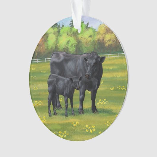 夏の牧草地に黒アンガスカウカワイカフカーフ オーナメント (正面)