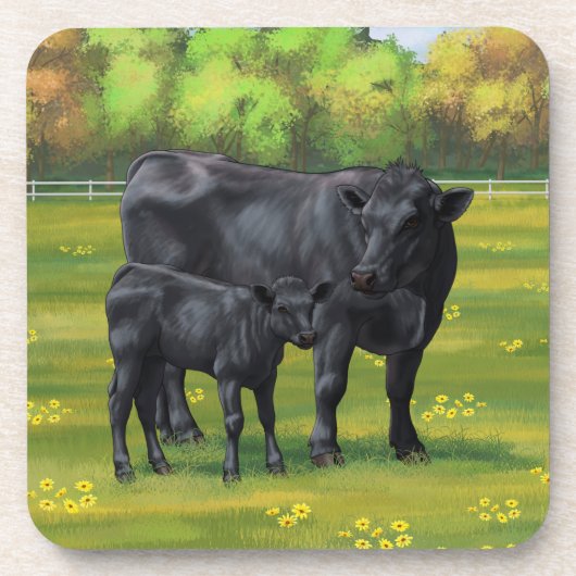夏の牧草地に黒アンガスカウカワイカフカーフ コースター (正面)