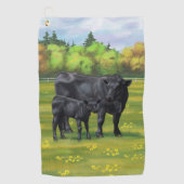 夏の牧草地に黒アンガスカウカワイカフカーフ ゴルフタオル (正面)