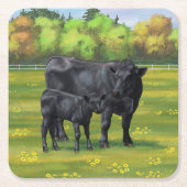 夏の牧草地に黒アンガスカウカワイカフカーフ スクエアペーパーコースター (正面)