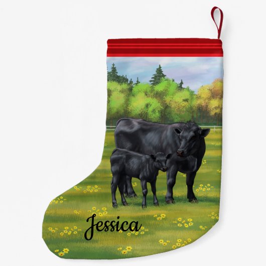 夏の牧草地に黒アンガスカウカワイカフカーフ スモールクリスマスストッキング (裏面)