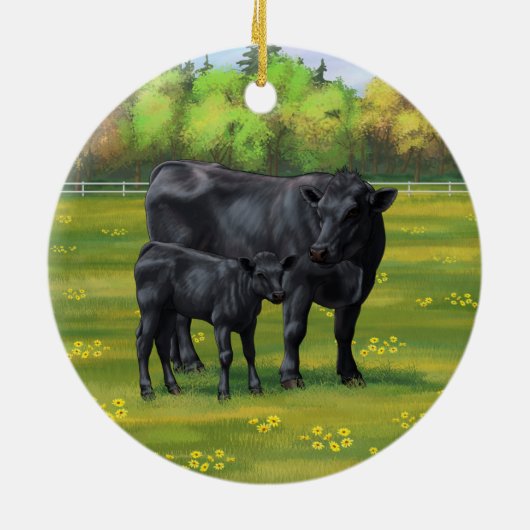 夏の牧草地に黒アンガスカウカワイカフカーフ セラミックオーナメント (裏面)
