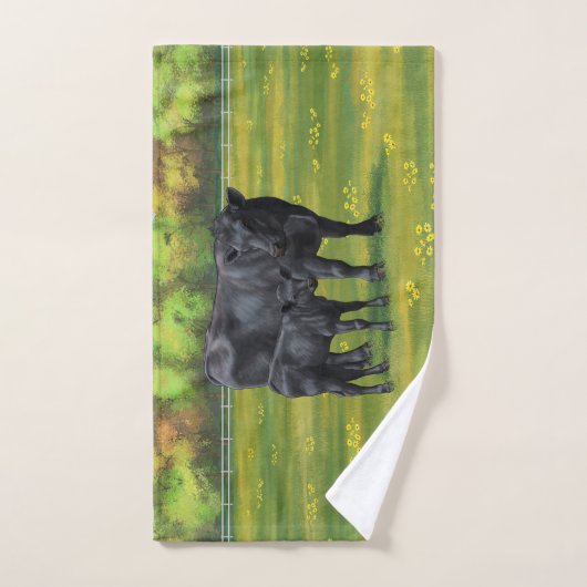 夏の牧草地に黒アンガスカウカワイカフカーフ バスタオルセット (ハンドタオル)