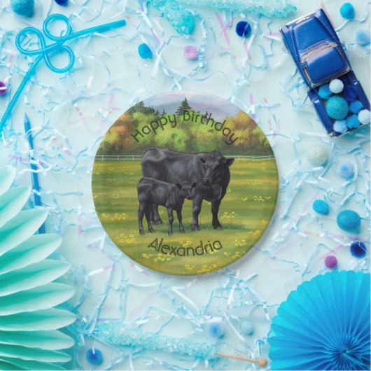 夏の牧草地に黒アンガスカウカワイカフカーフ ペーパープレート (パーティー)