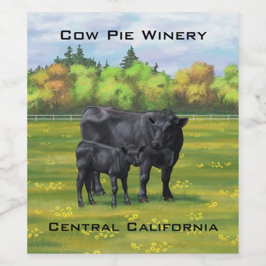 夏の牧草地に黒アンガスカウカワイカフカーフ ワインラベル (シングルラベル)