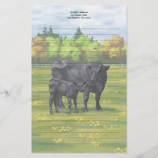 夏の牧草地に黒アンガスカウカワイカフカーフ 便箋 (正面)