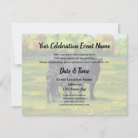 夏の牧草地に黒アンガスカウカワイカフカーフ 招待状 (裏面)