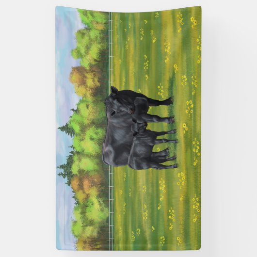 夏の牧草地に黒アンガスカウカワイカフカーフ 横断幕 (縦)