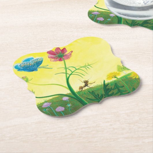 夏の牧草地のアリと蝶のイラストレーション ペーパーコースター (アングル)