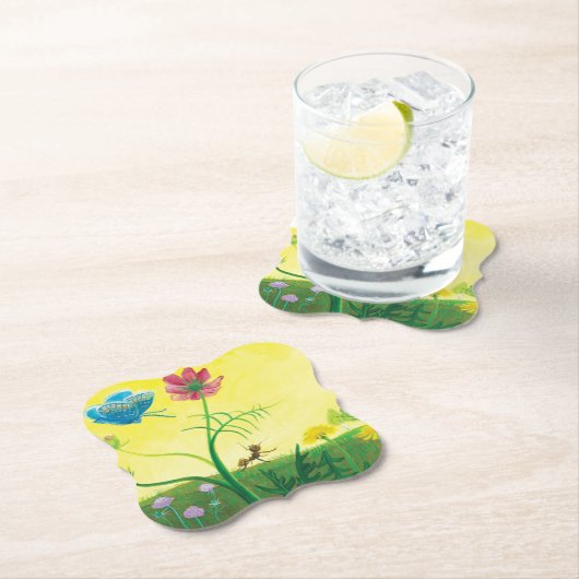 夏の牧草地のアリと蝶のイラストレーション ペーパーコースター (インサイチュ)