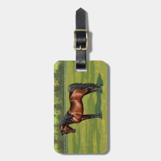 夏の牧草地のダークベイエジプトのアラビア馬 ラゲッジタグ (正面縦)