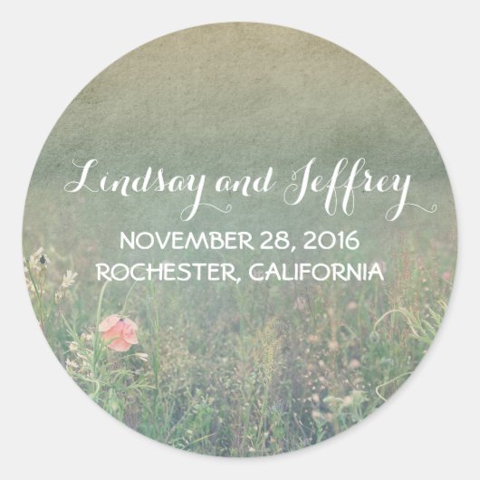 夏の牧草地の花ロマンチックなヴィンテージ結婚式 ラウンドシール (正面)