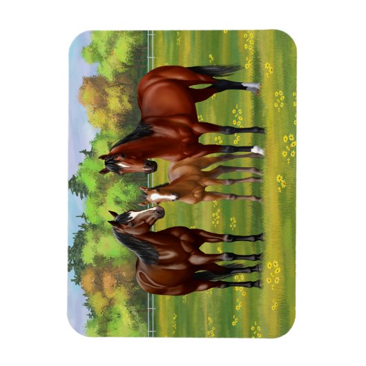 夏の牧草地の茶色のベイクォーターウマ マグネット (縦)