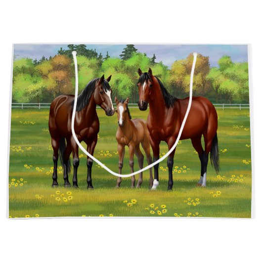 夏の牧草地の茶色のベイクォーターウマ ラージペーパーバッグ (正面)