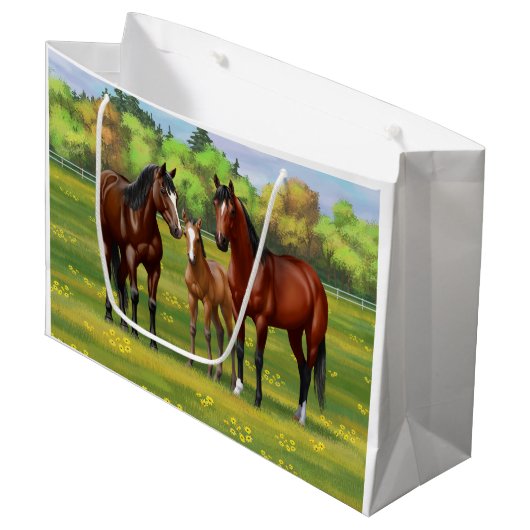 夏の牧草地の茶色のベイクォーターウマ ラージペーパーバッグ (正面アングル)