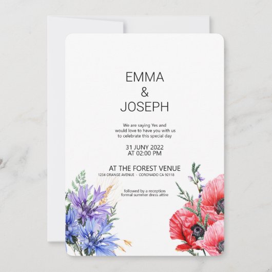 夏の牧草地の野モダン花結婚の青 招待状 (正面)