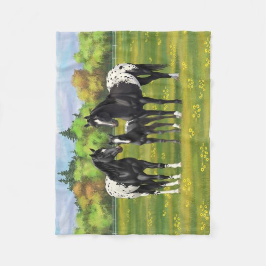 夏の牧草地の黒いアパロオーサの馬 フリースブランケット (正面)