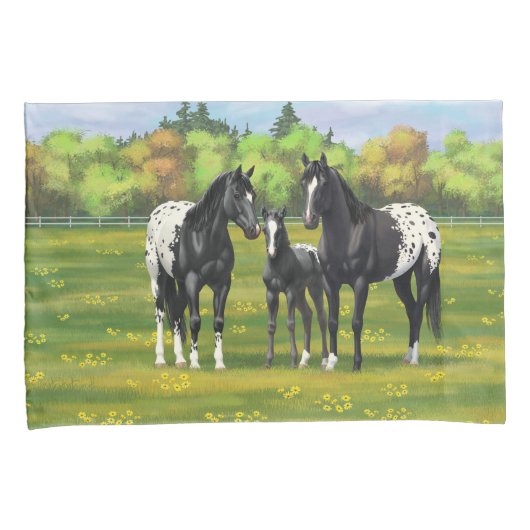 夏の牧草地の黒いアパロオーサの馬 枕カバー (正面右)