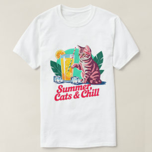 夏の猫ギフト - レトロ猫とリラックスピンクタビー Tシャツ