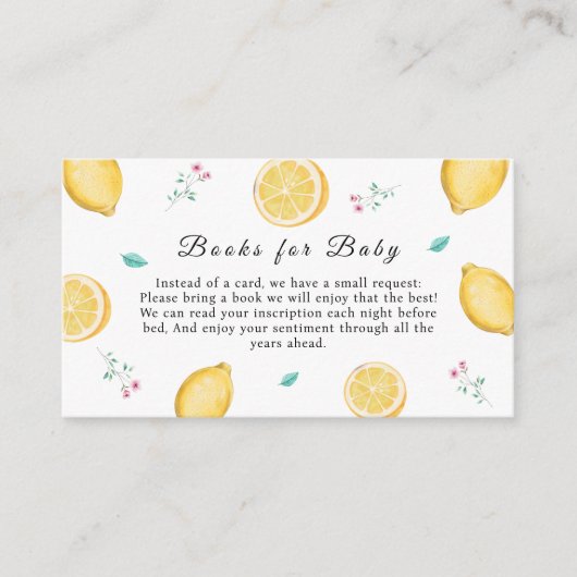 夏の甘いレモンの柑橘類の本の赤ちゃんシャワー エンクロージャーカード (正面)