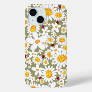 夏の白いデイジーと茶色の赤いラディバグ iPhone 15ケース