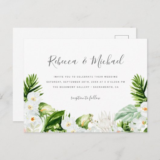 夏の白い花及び水彩画の緑の草木の結婚式 インビテーションポストカード (正面/裏面)
