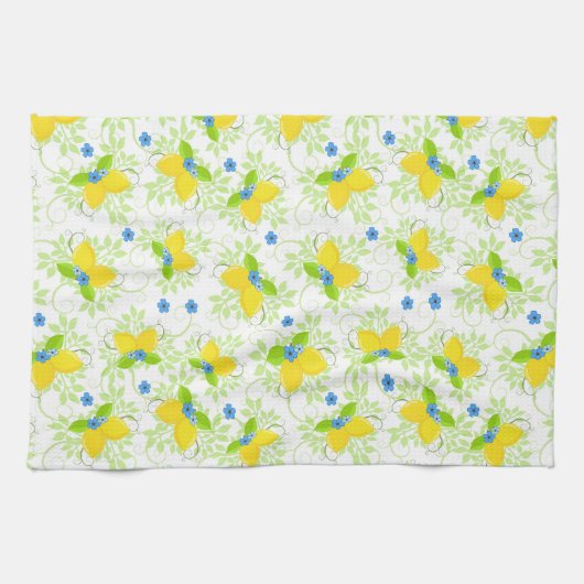 夏の白と黄色のレモンの花の模様 キッチンタオル (横)