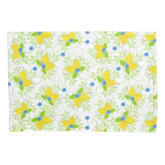 夏の白と黄色のレモンの花の模様 枕カバー (正面)