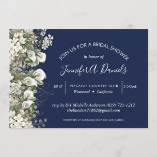 夏の白結婚色の水色フローラ箔 招待状