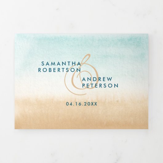 夏の目的地ビーチ結婚シックのスクリプトTri- 三つ折り招待状 (カバー)