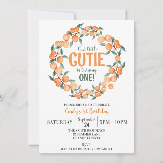 夏の第1の誕生日オレンジ柑橘類リース 招待状 (正面)
