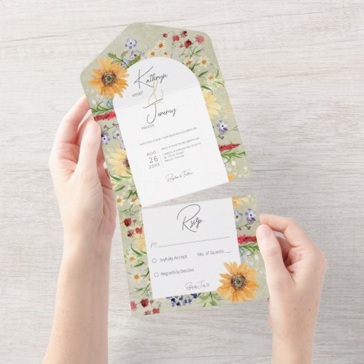 夏の素朴野草花ひまわりセージなしディナー オールインワン招待状 (貼ってはがせる)