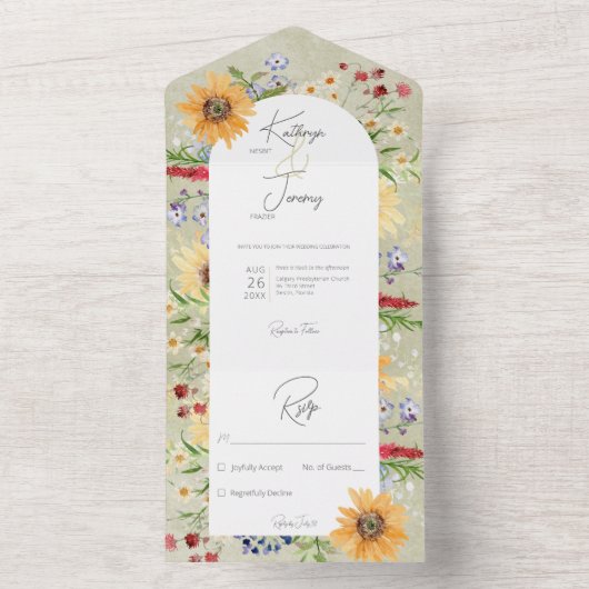 夏の素朴野草花ひまわりセージなしディナー オールインワン招待状 (内側)