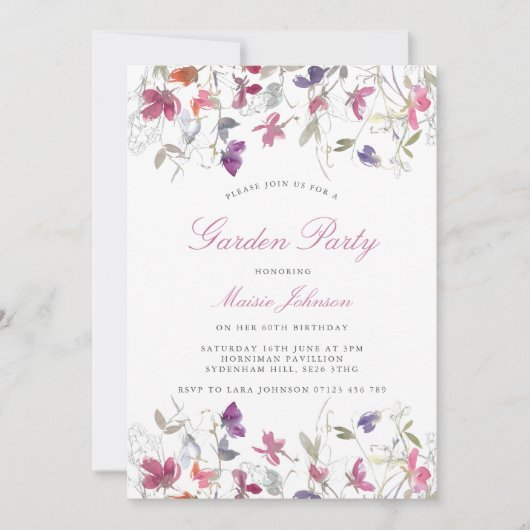夏の紫色のスイートピーガーデンパーティー誕生日 招待状 (正面)